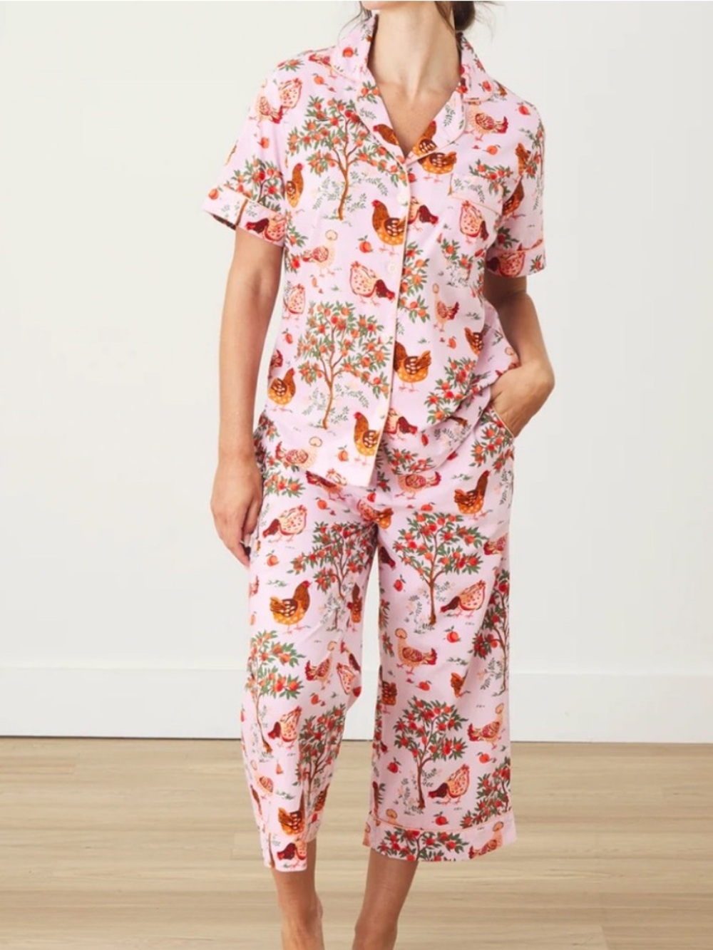 Print Fresh Hen House Organic Cotton Pajama Set Short Sleeve & Pants Pink Size S - Picture 2 of 16